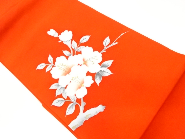 リサイクル　塩瀬金彩手描き枝葉に花模様名古屋帯